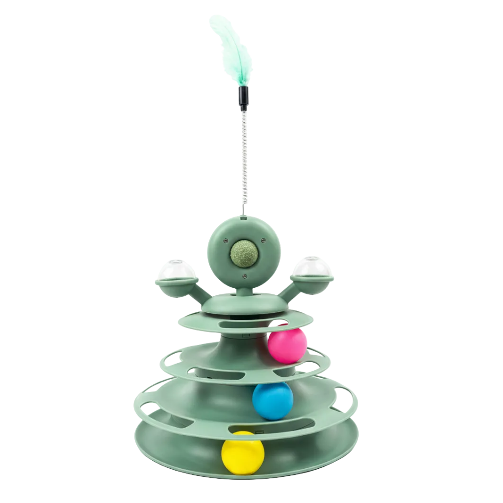 cat-toy-tower-catnip-inside-circle_20260525140007767.png Cat Toy Tower 3 Ball Track with 2 Bells & Catnip Feather Wand - Image 1