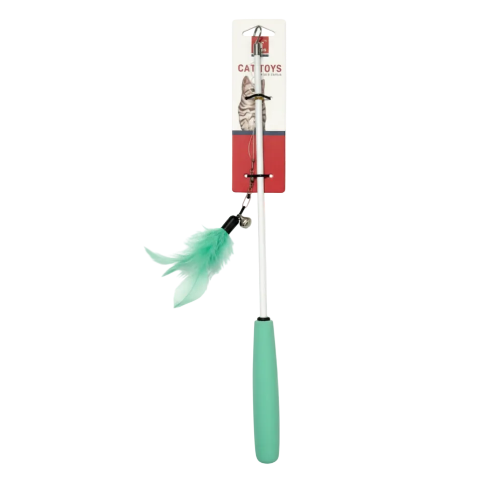 cat-toy-with-mint-green-handle-and-feathers.png Nunbell Cat Toys Fishing Rods With Bell - Image 1