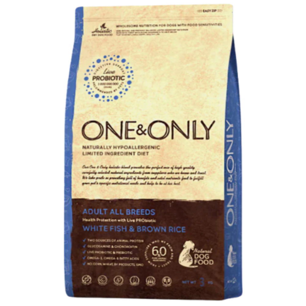 oneandonlywhitefishdogs.png One & Only Dry Food for Adult Dog All Breed Fish & Brown Rice - Image 1