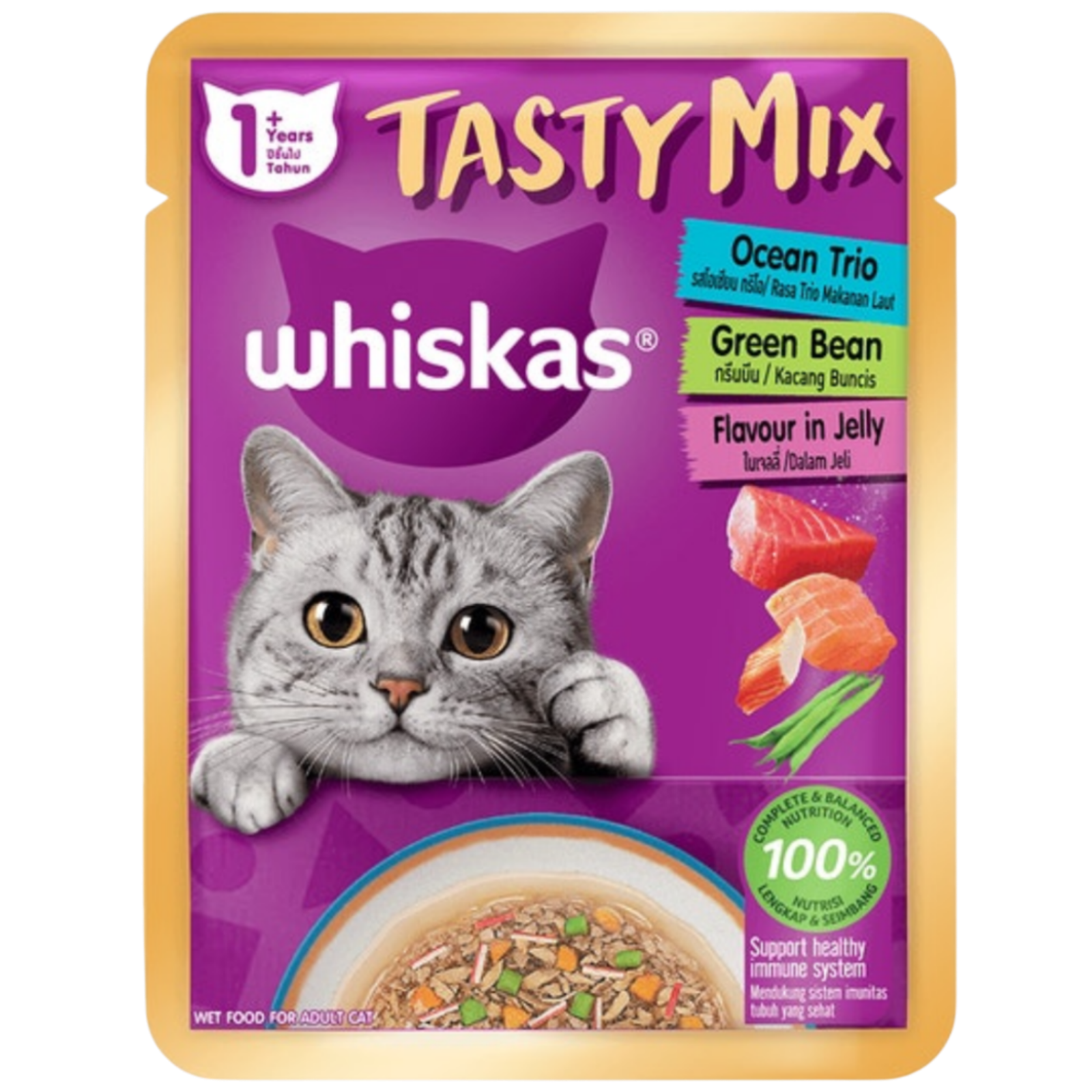shopify_asset_-_2026-05-31T161315.891.png Whiskas Wet Food for Adult Cat Tasty Mix Jelly with Ocean Trio & Green Bean 70g - Image 1