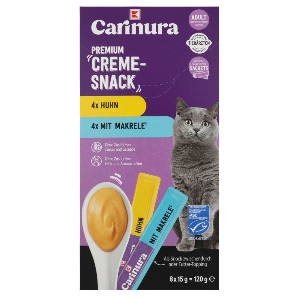 shopify_asset_1000_x_1000_px_-_2026-02-16T222349876.png Carinura Premium Creme-Snacks Chicken & Mackerel 8 Tube 120g - Image 1